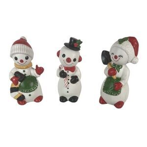 Porcelain Bisque Snowmen 3 Shovel, Stocking Candy Cane Vtg Tawain